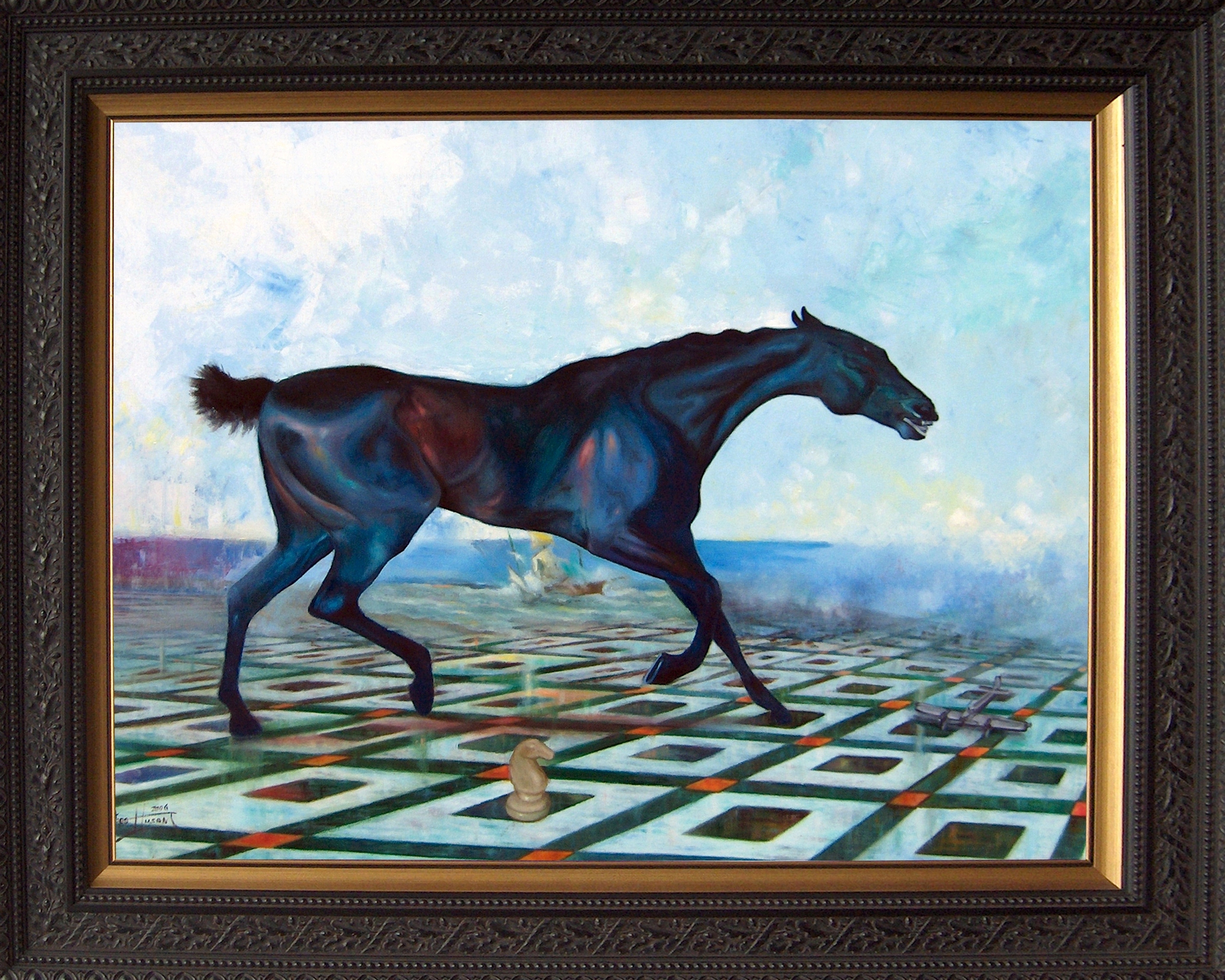 Kunstwerk gemaakt door Theo getiteld Paard met schaakspel